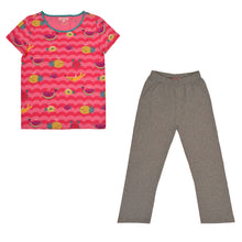 Load image into Gallery viewer, Fruits Print With Polka Dot Night Suit - Pink & Grey