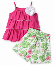 Load image into Gallery viewer, Solid Layered Straped Top Floral Belted Short Set