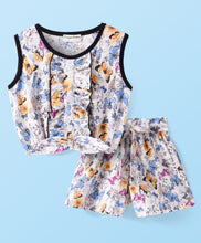 Load image into Gallery viewer, Butterfly Printed Frilled Crop Cotton Top Short Set
