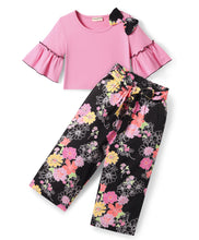 Load image into Gallery viewer, Solid Frilled Crop Top Floral Belted Palazzo Set