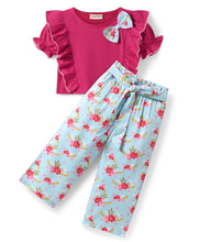 Load image into Gallery viewer, Solid Frilled Crop Top Floral Belted Palazzo Set