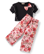 Load image into Gallery viewer, Solid Frilled Crop Top Floral Belted Palazzo Set