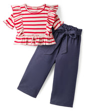 Load image into Gallery viewer, Stripes Frilled Crop Top Solid Belted Palazzo Set