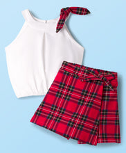 Load image into Gallery viewer, Round Neck Cotton Solid Crop Top Check Skort Set