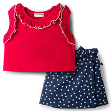 Load image into Gallery viewer, Solid Frilled Crop Top and Polka Skort Set