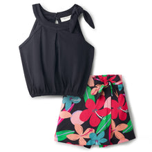 Load image into Gallery viewer, Round Neck Solid Crop Top and Floral Skort Set