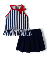 Load image into Gallery viewer, Striped Halter Neck Frilled Top Pleated Skirt Set