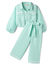 Load image into Gallery viewer, Textured Knotted Top Pant Co-ord Set with Lace Detailing - Sea Green