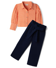 Load image into Gallery viewer, Checkered Printed Collar Top Textured Pant Set - Orange