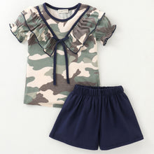 Load image into Gallery viewer, Camouflage V shape Frill Bow Top Short Set