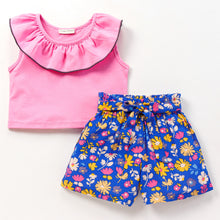 Load image into Gallery viewer, Neck Frill Top with Floral Belted Short Set