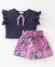 Load image into Gallery viewer, Solid Frilled Top Floral Belted Short Set