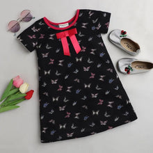 Load image into Gallery viewer, CrayonFlakes Soft and comfortable Butterflies Printed Dress / Frock - Black