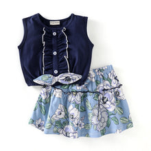 Load image into Gallery viewer, Frilled Solid Bow Top and Floral Skirt Set