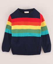 Load image into Gallery viewer, Striped Fine Acrylic Knit Full Sleeves Pullover Sweater - Navy