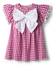 Load image into Gallery viewer, Cotton Checkered Lace Dress with Bow Applique