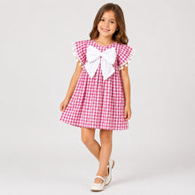 Load image into Gallery viewer, Cotton Checkered Lace Dress with Bow Applique