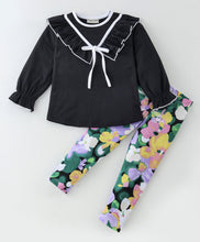 Load image into Gallery viewer, Solid V Frilled Top Floral Leggings Set
