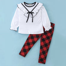 Load image into Gallery viewer, Solid V Frilled Top Checkered Leggings Set
