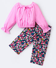 Load image into Gallery viewer, Solid Frilled Bow Crop Top Floral Palazzo Set
