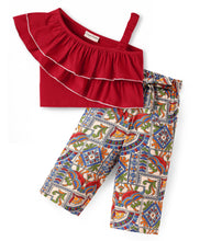 Load image into Gallery viewer, One Shoulder Frilled Crop Top Abstract Belted Palazzo Set
