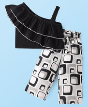 Load image into Gallery viewer, One Shoulder Frilled Crop Top Abstract Belted Palazzo Set
