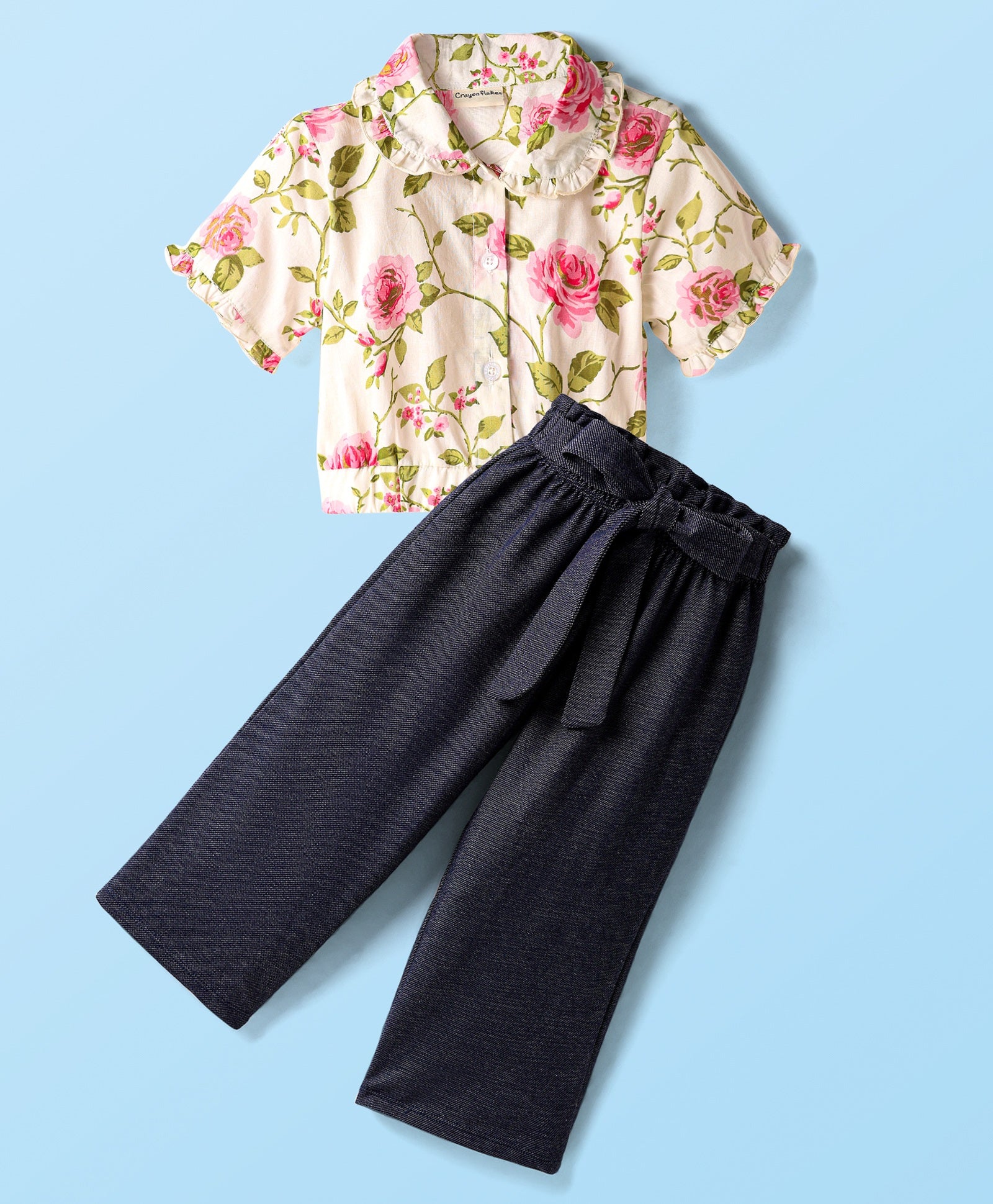 Floral Printed Crop Shirt Belted Palazzo Cotton Set