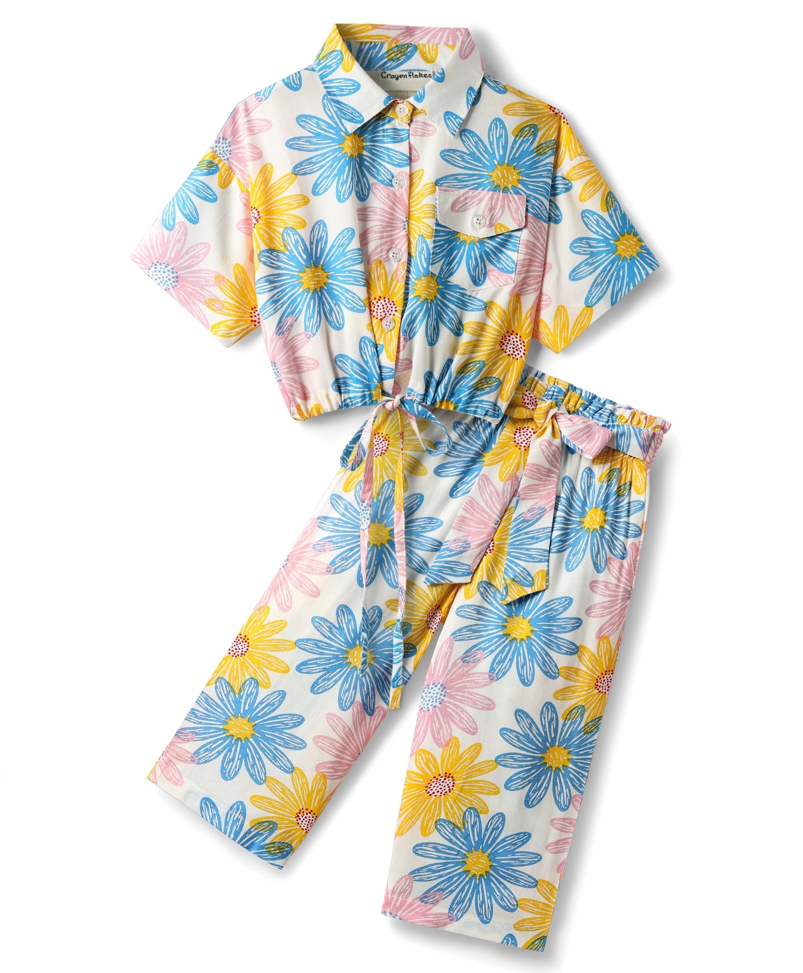 Floral Shirt Style Crop Top Belted Palazzo Co-ord Set