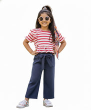 Load image into Gallery viewer, Stripes Frilled Crop Top Solid Belted Palazzo Set