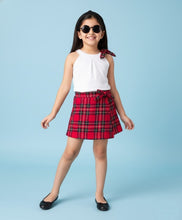 Load image into Gallery viewer, Round Neck Cotton Solid Crop Top Check Skort Set
