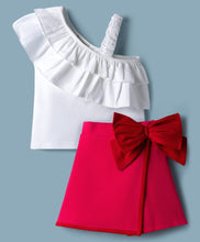 Load image into Gallery viewer, Solid Frilled Top Waffle Flap Skort Set with Bow Applique