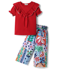 Load image into Gallery viewer, Solid Frilled Top Abstract Printed Pant Set