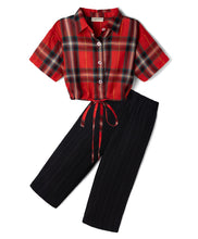 Load image into Gallery viewer, Checkered Printed Knotted Top Textured Pant Set - Red