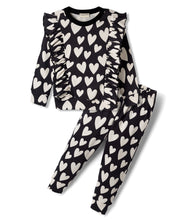 Load image into Gallery viewer, Cotton Hearts Printed Frilled Top Jogger Co-ord Set - Black
