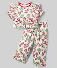 Load image into Gallery viewer, Cotton Berry Printed Frilled Top Pant Co-ord Set - Offwhite