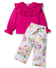 Load image into Gallery viewer, Frilled Solid Full Sleeves Top and Floral Culotte Set