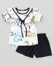 Load image into Gallery viewer, Floral V shape Frill with Bow Top Short Set