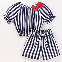 Load image into Gallery viewer, Striped Off Shoulder Top Belted Short Co ord Set