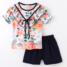 Load image into Gallery viewer, Floral V shape Frill with Bow Top Short Set