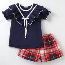 Load image into Gallery viewer, Solid V shape Frill Top Checkered Short Set