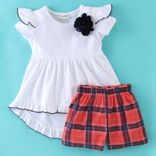 Load image into Gallery viewer, Solid Sleeves Frill Top Checkered Short Set
