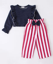 Load image into Gallery viewer, Denim Look Frilled Top Striped Plazzo Set