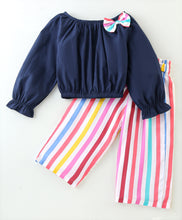 Load image into Gallery viewer, Solid Frilled Top and Striped Belted Palazzo Set