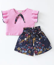 Load image into Gallery viewer, Solid Frilled Top Floral Belted Short Set