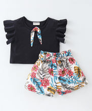 Load image into Gallery viewer, Solid Frilled Top Floral Belted Short Set
