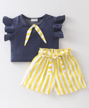 Load image into Gallery viewer, Solid Frilled Top Striped Belted Short Set