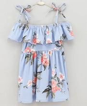 Load image into Gallery viewer, CrayonFlakes Soft and comfortable Floral Open Strap Frill Dress / Frock - Blue