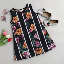 Load image into Gallery viewer, CrayonFlakes Soft and comfortable Floral Striped Printed Dress / Frock - Black