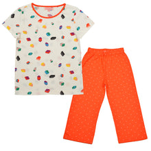 Load image into Gallery viewer, CrayonFlakes Soft and comfortable Blocks &amp; Polka Dot Night Suit - White &amp; Orange
