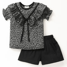 Load image into Gallery viewer, Animal Print V shape Frill Bow Top Short Set